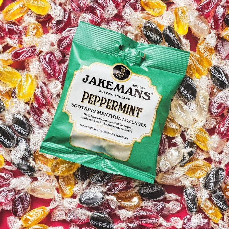 Jakemans Peppermint Soothing Menthol Lozenges, bag packaging, peppermint flavour, 73g, menthol sweet use