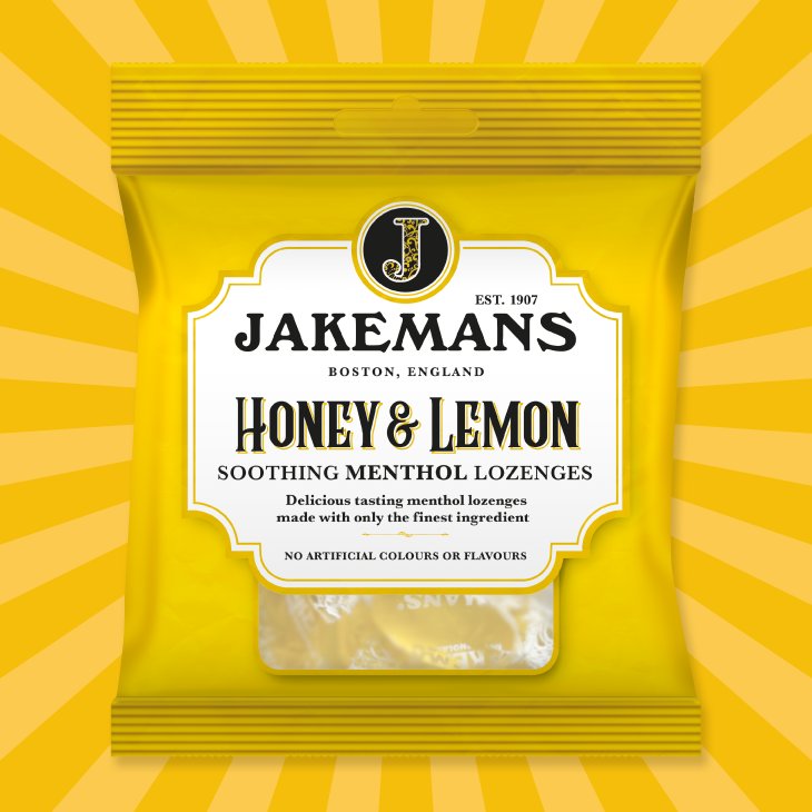 Jakemans Honey & Lemon Soothing Menthol Lozenges, bag packaging, honey and lemon flavour, 73g, menthol sweet use
