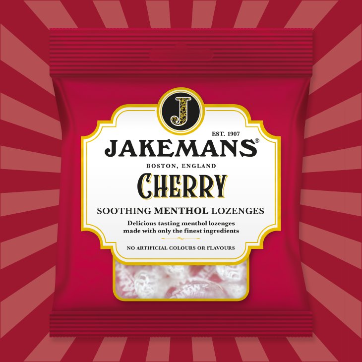 Jakemans Cherry Soothing Menthol Lozenges, bag packaging, cherry flavour, 73g, menthol lozenge use