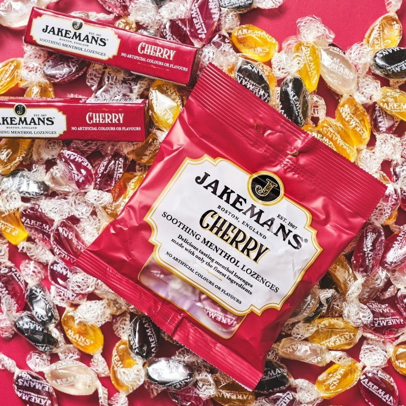 Jakemans Cherry Soothing Menthol Lozenges, bag packaging, cherry flavour, 73g, menthol lozenge use