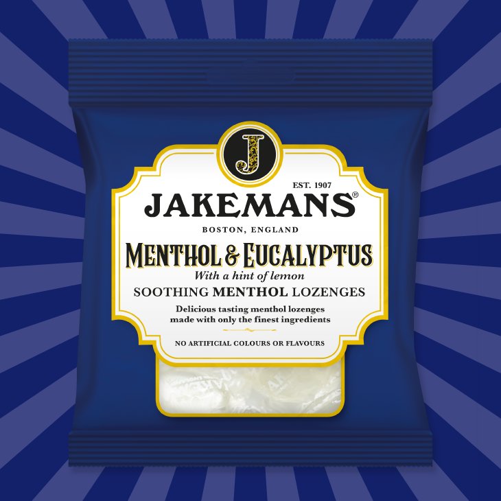 Jakemans Menthol & Eucalyptus Lozenges, bag packaging, menthol and eucalyptus flavour, 73g, cooling lozenge use