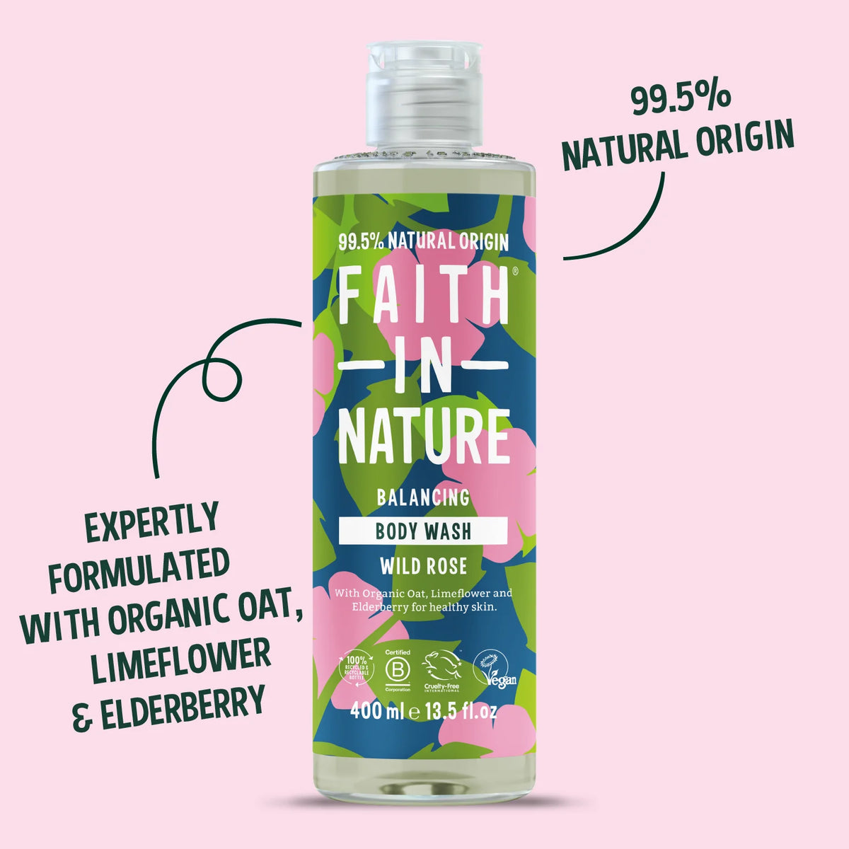 Faith In Nature Balancing Body Wash Wild Rose 400ml bottle product information