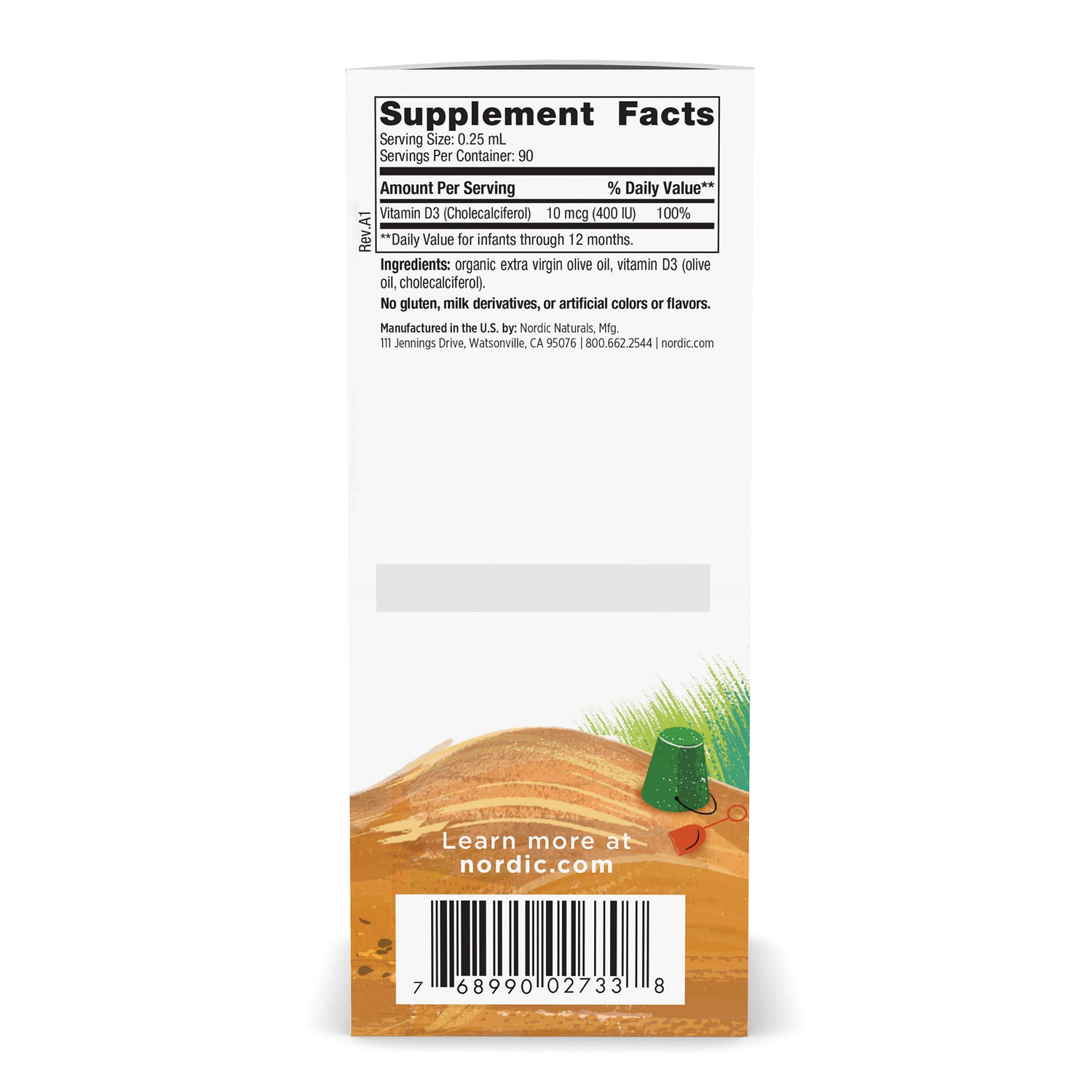 Label showing dosage instructions for Nordic Naturals infant vitamin D3 drops.