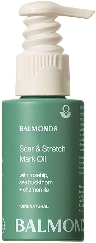 Front image: Balmonds Scar and Stretch Mark Oil 50ml bottle natural skincare oil packaging