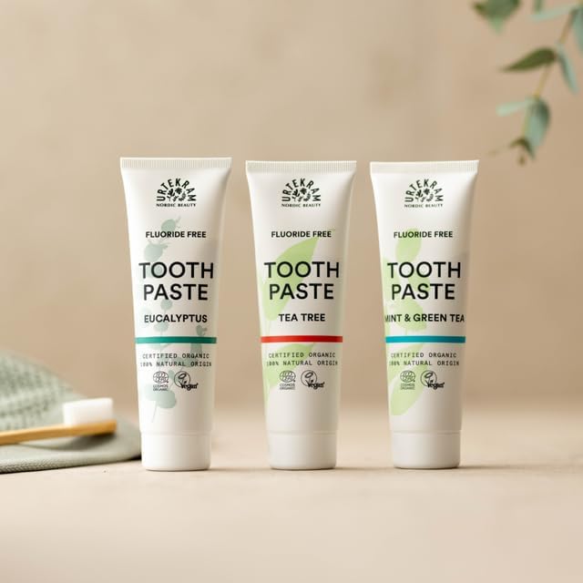 Urtekram Fluoride Free Eucalyptus Toothpaste, toothpaste tube packaging, eucalyptus flavour, 75ml, daily oral care use & other variants