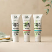 Urtekram Fluoride Free Eucalyptus Toothpaste, toothpaste tube packaging, eucalyptus flavour, 75ml, daily oral care use & other variants