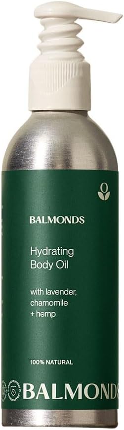 Front image: Balmonds Hydrating Body Oil 200ml bottle natural skincare oil packaging