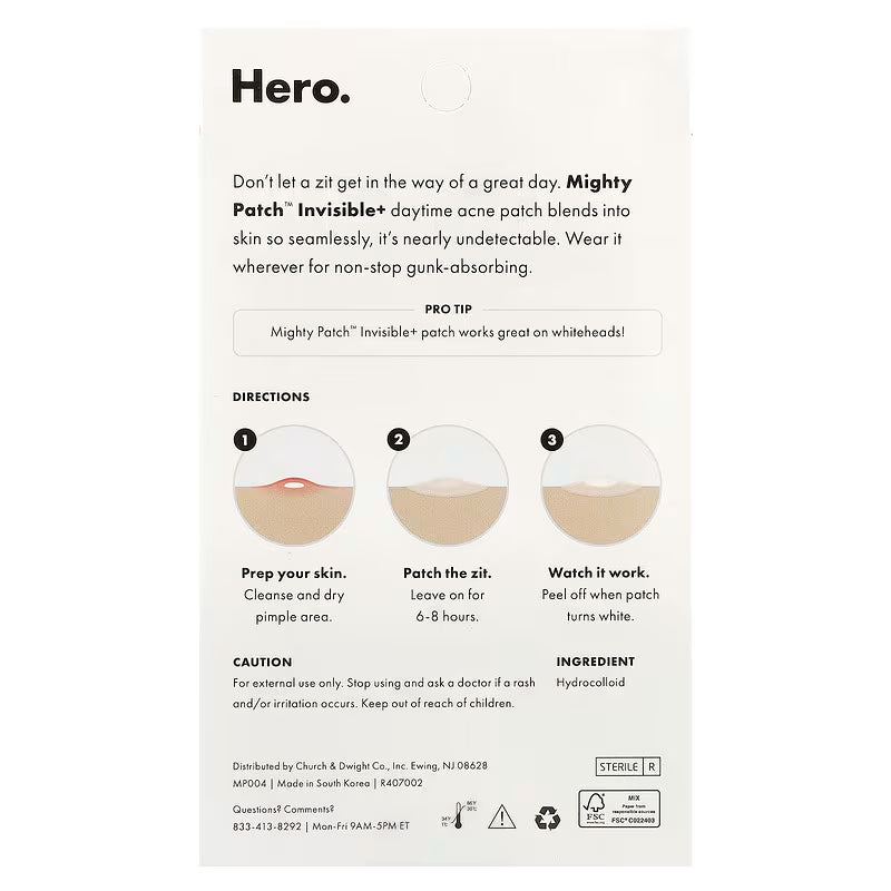 Close-up of the back of the Hero Mighty Patch Invisible+ box showing product details and the clear patches on the sheet.