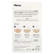 Close-up of the back of the Hero Mighty Patch Invisible+ box showing product details and the clear patches on the sheet.