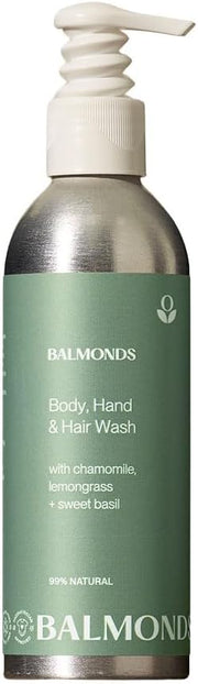 Front image: Balmonds Body Hand and Hair Wash 200ml bottle natural cleanser packaging