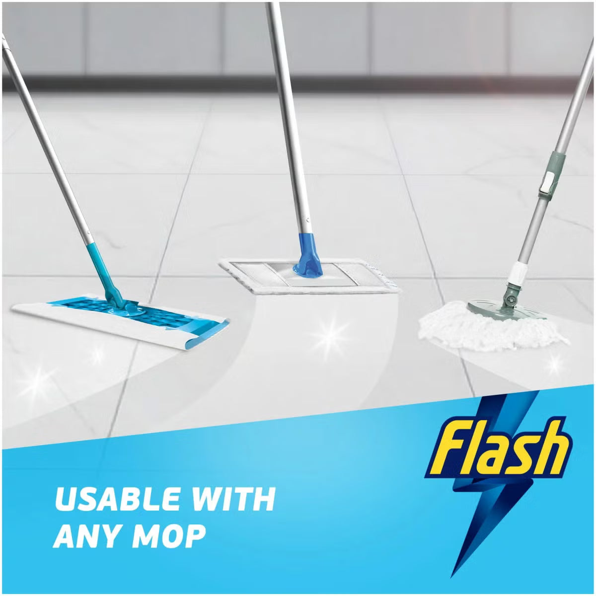 Flash Direct to Floor Berry & Cherry Blossom Floor Cleaner 800ml bottle shown alongside a mop for floor cleaning