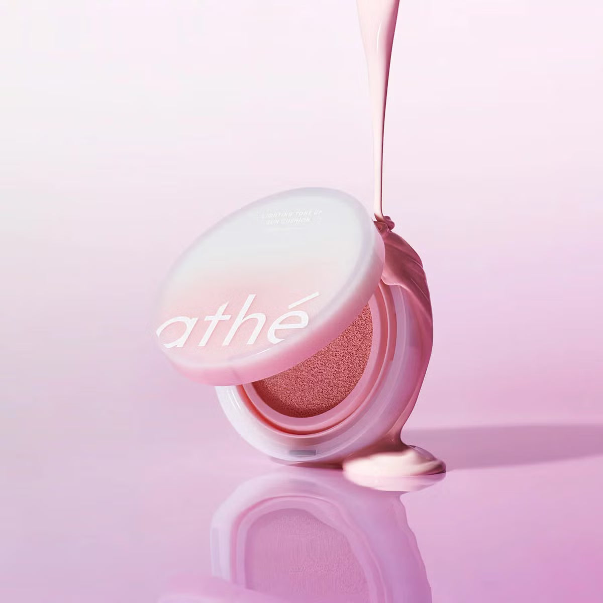 athé Glow-Boosting Tone-Up Sun Cushion SPF50, cushion compact and refill packaging, fragrance not specified, 1 cushion + 1 refill, application directions