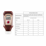 Heinz Classic Barbecue Smokey & Rich BBQ Sauce 220ml squeeze bottle displayed with ingredient declaration and nutritional information for 1 x 220ml barbecue sauce condiment bottle.