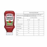 Heinz Tomato Ketchup Pickle Flavour 220ml squeeze bottle shown with ingredient information, nutrition facts table, and allergen details for 1 x 220ml flavoured tomato ketchup bottle.