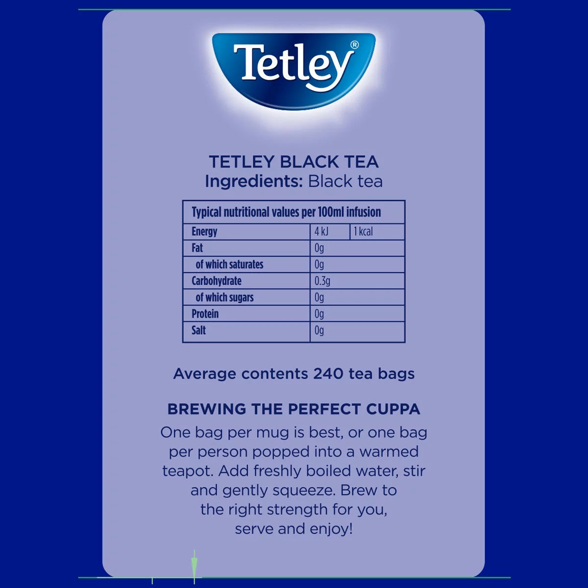 Tetley Original Black Tea Bags box packaging black tea 240 tea bags ingredients and product information panel