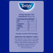 Tetley Original Black Tea Bags box packaging black tea 240 tea bags ingredients and product information panel