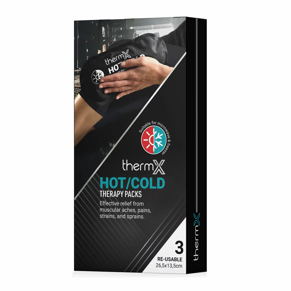 Front image: ThermX hot cold therapy gel packs reusable flexible packs 3 pack