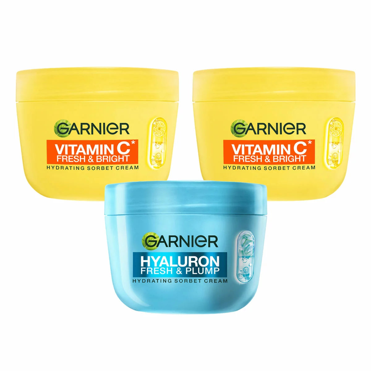 Garnier Sorbet Cream Bundle 2 Vitamin C and 1 Hyaluron moisturisers 3 x 50ml