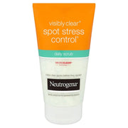 Neutrogena Visibly Clear Daily Scrub 150ml tube, blue and white packaging, isolated on white.
