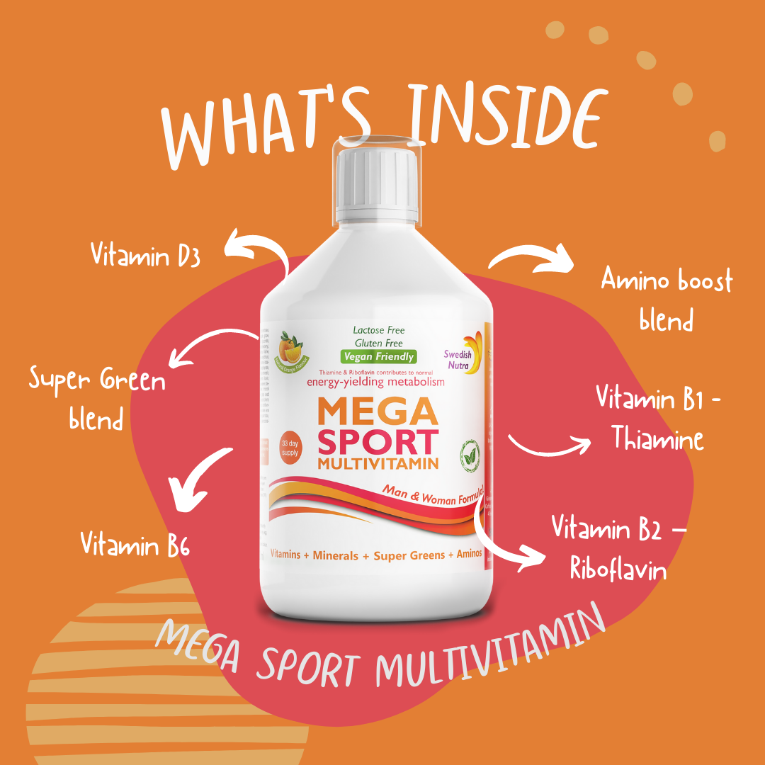 Lifestyle/use image: Swedish Nutra Mega Sport liquid multivitamin orange flavour daily use 500ml
