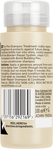 John Frieda Blonde+ Repair System Pre-Shampoo Treatment, tube packaging, fragrance not specified, 100ml, barcode
