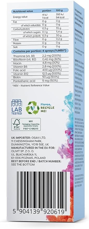 Supplement facts, barcode and directions for Osavi Vitamin B Complex spray.