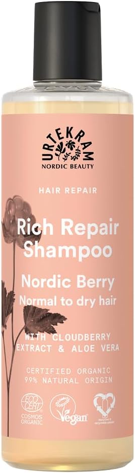 Urtekram Nordic Berry Rich Repair Shampoo, shampoo bottle packaging, fruity berry fragrance, 250ml