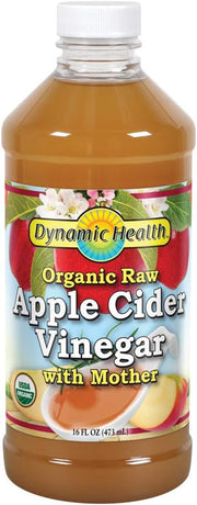 Dynamic Health Organic Raw Apple Cider Vinegar bottle, 473ml, showing cloudy "Mother."