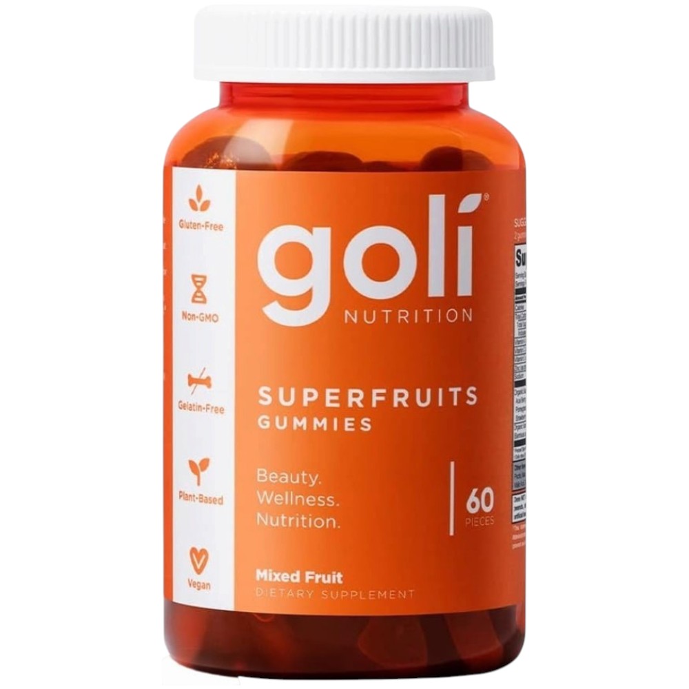 Front Image: Goli Nutrition Superfruits Gummies mixed fruit bottle 60 count