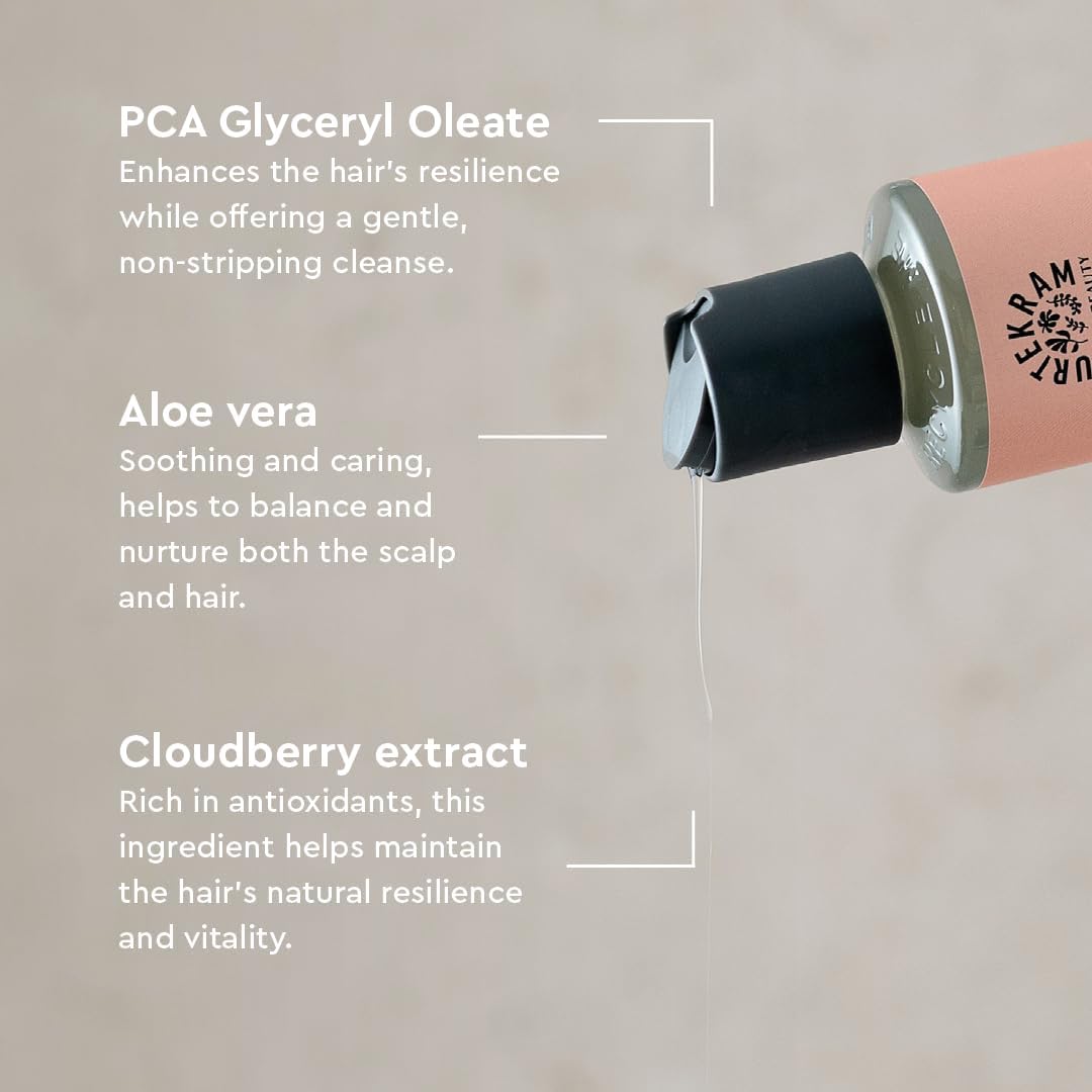 Urtekram Nordic Berry Rich Repair Shampoo, shampoo bottle packaging, fruity berry fragrance, 250ml, ingredients information