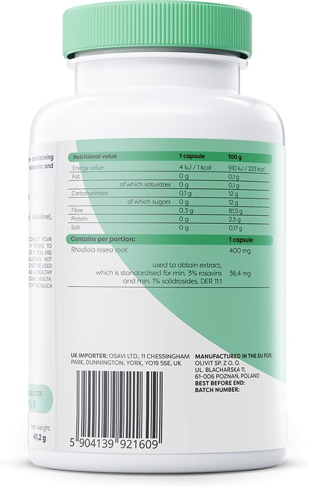 Supplement facts panel and barcode showing rosavin and salidroside standardization.