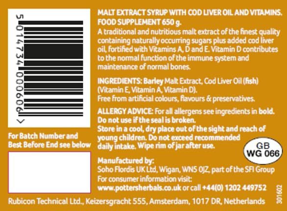 Potter's Herbals malt extract cod liver oil barcode jar 650g