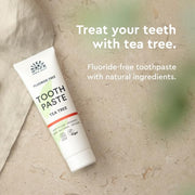 Urtekram Fluoride Free Tea Tree Toothpaste, toothpaste tube packaging, tea tree flavour, 75ml, product information