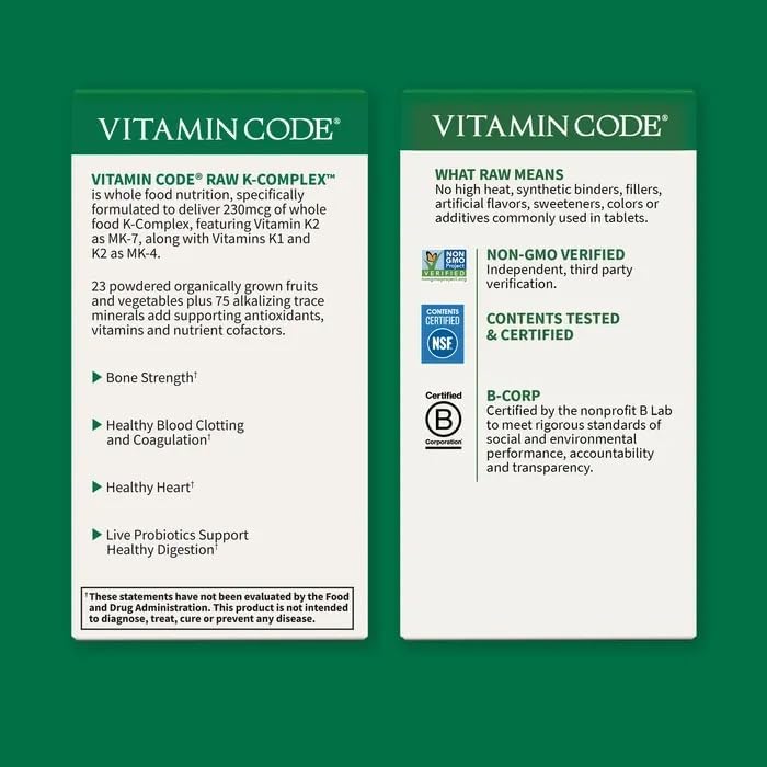 Supplement facts and ingredient list for Raw K Complex.