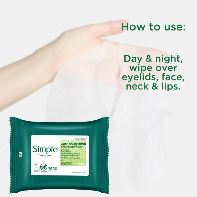 Simple Kind to Skin Age Resisting Cleansing Wipes, resealable pack packaging, unscented, 20 wipes, facial cleansing directions