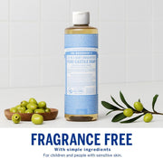 Dr. Bronner's Baby Unscented Pure-Castile Liquid Soap bottle, fragrance-free, 240ml, personal and household cleaning use