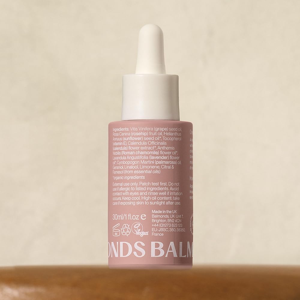 Supplement facts & ingredients image: Balmonds Omega Rich Facial Oil 30ml ingredients rosehip lavender vitamin E oils