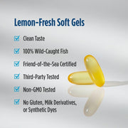 Two yellow soft gel capsules on a light gray background with text listing product benefits such as clean taste, wild-caught fish, friend-of-the-sea certification, third-party testing, and non-GMO status.