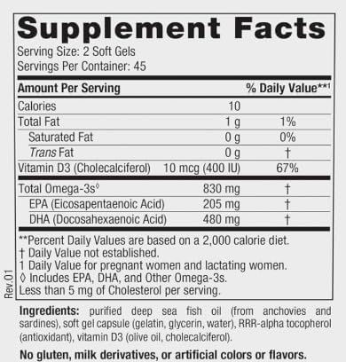 Supplement facts label for Nordic Naturals Prenatal DHA with Omega-3 and Vitamin D3.