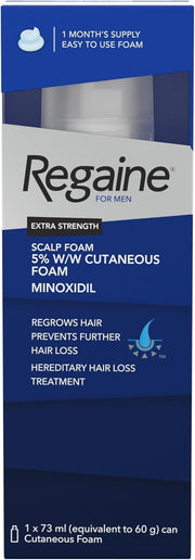 Regaine For Men Extra Strength 5% Minoxidil Scalp Foam, aerosol can packaging, no flavour, 73ml