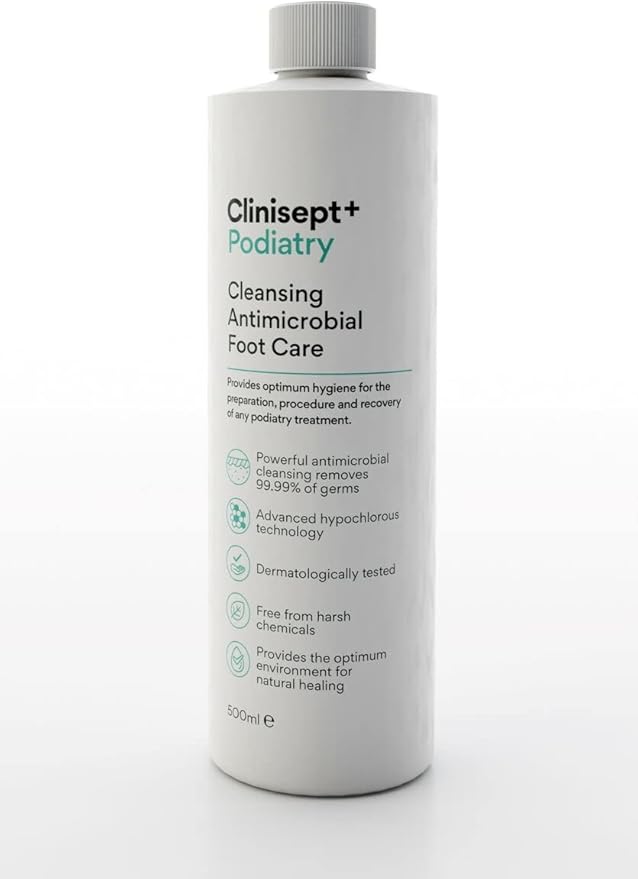 Clinisept+ Podiatry Foot Care Spray bottle, 500ml, professional use.