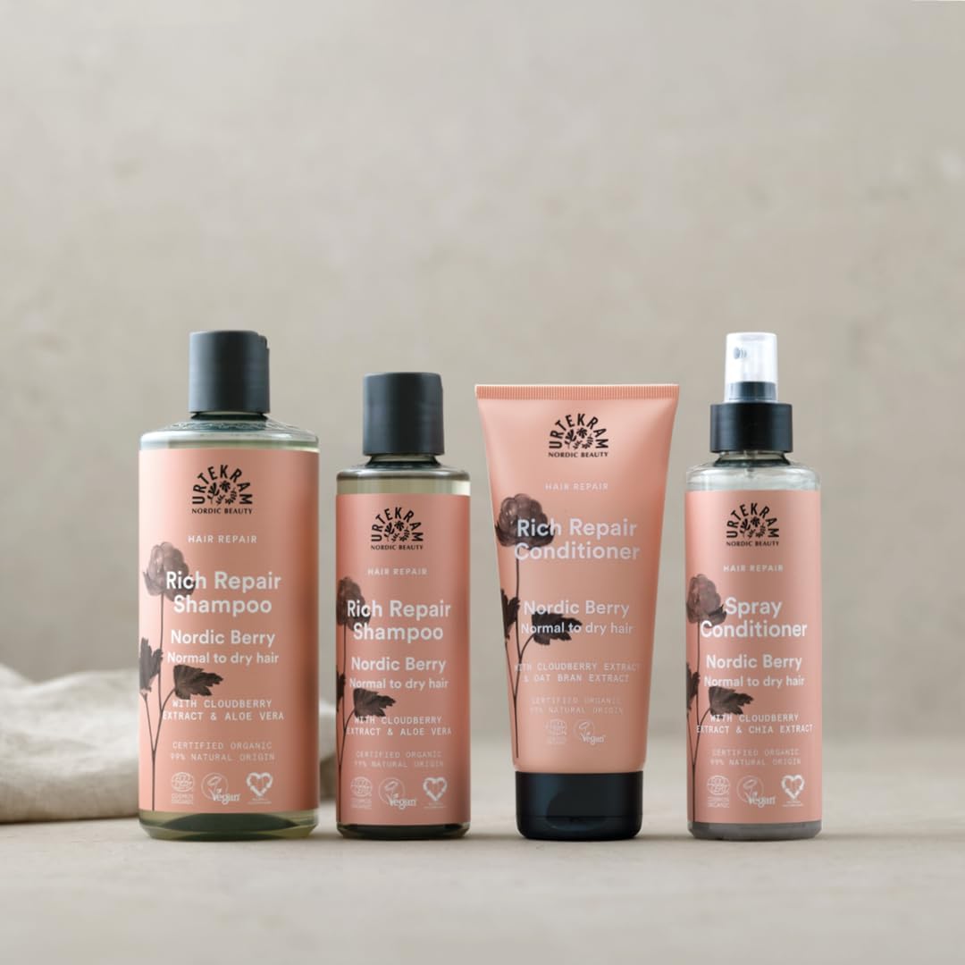 Urtekram Nordic Berry Rich Repair Shampoo, shampoo bottle packaging, fruity berry fragrance, 250ml, haircare use variants