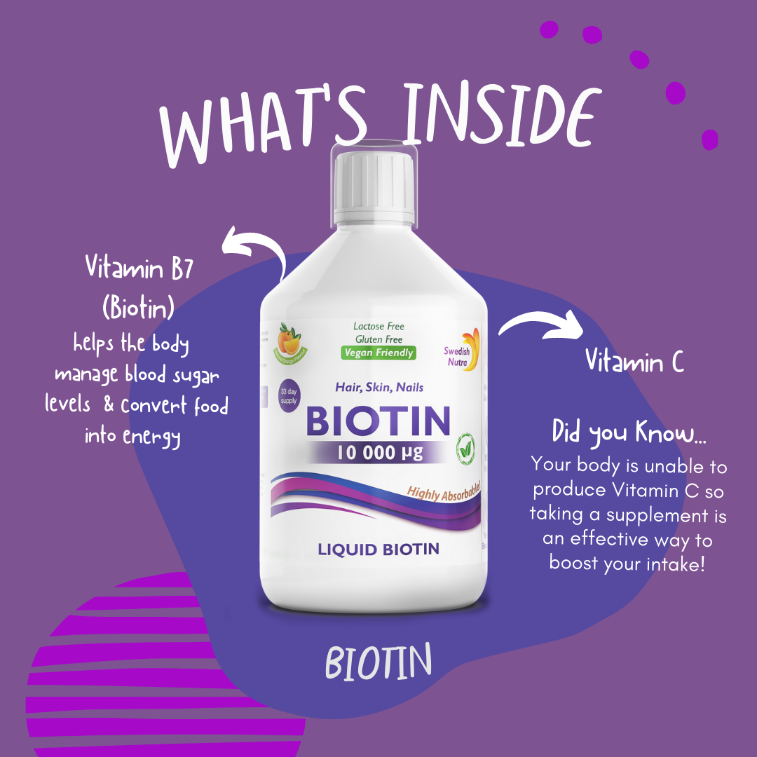 Lifestyle/use image: Swedish Nutra biotin liquid orange flavour daily use 500ml