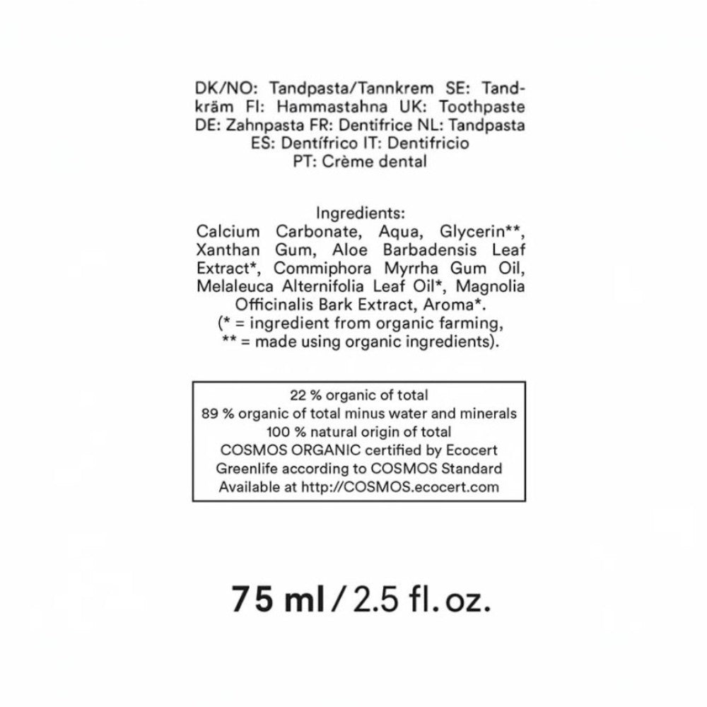Urtekram Fluoride Free Tea Tree Toothpaste, toothpaste tube packaging, tea tree flavour, 75ml, ingredients information