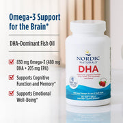 Nordic Naturals DHA supplement bottle shown next to text highlighting Omega-3 support for the brain, with a soft indoor background and a small plant in the distance.