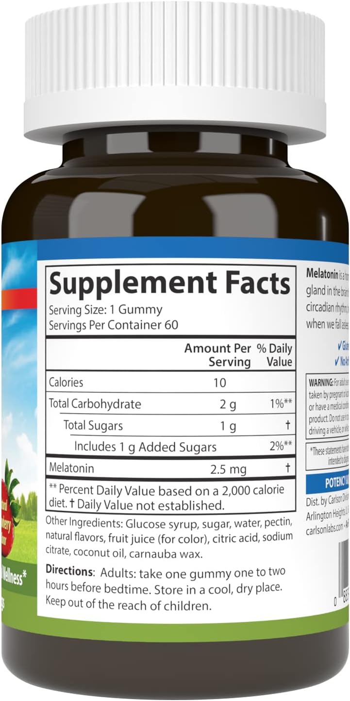 Supplement facts & ingredients image: Carlson Melatonin 2.5 mg supplement facts vegetarian gummies 60 bottle