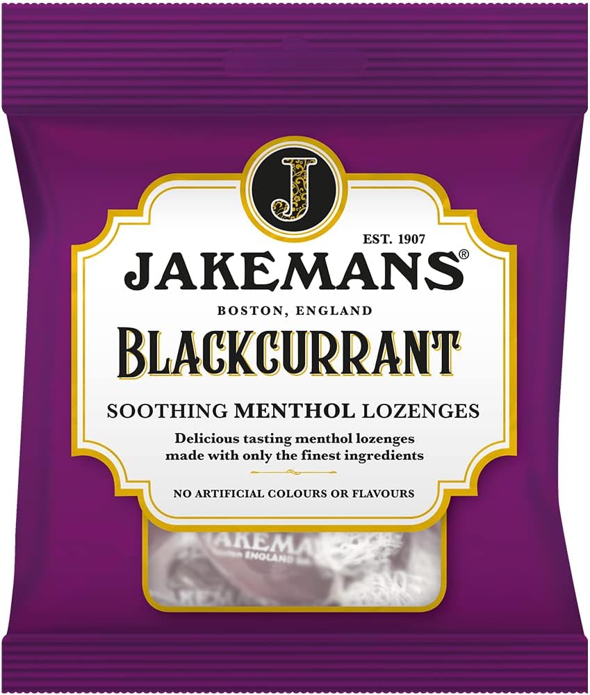Jakemans Blackcurrant Soothing Menthol Lozenges, resealable bag packaging, blackcurrant flavour, 73g