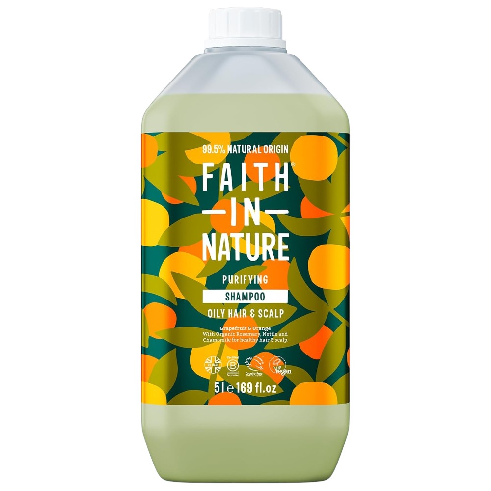 Faith In Nature Grapefruit & Orange Purifying Shampoo Refill, 5 litre refill bottle packaging, grapefruit and orange, 5L