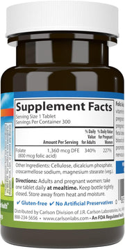 Supplement facts & ingredients image: Carlson Folic Acid 800 mcg supplement facts vegetarian tablets 300 count
