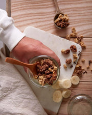 Lifestyle/use image: Fuel 10K Chocolate Chunks Granola breakfast bowl chocolate oat cereal 1kg